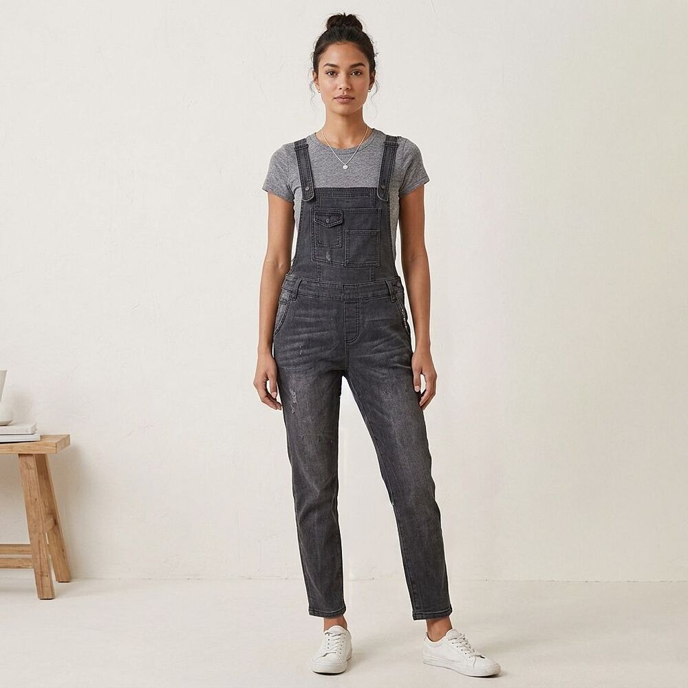 Free People Denim Overalls Womens 26 Black Gray Jumpsuit Coveralls Straight Leg